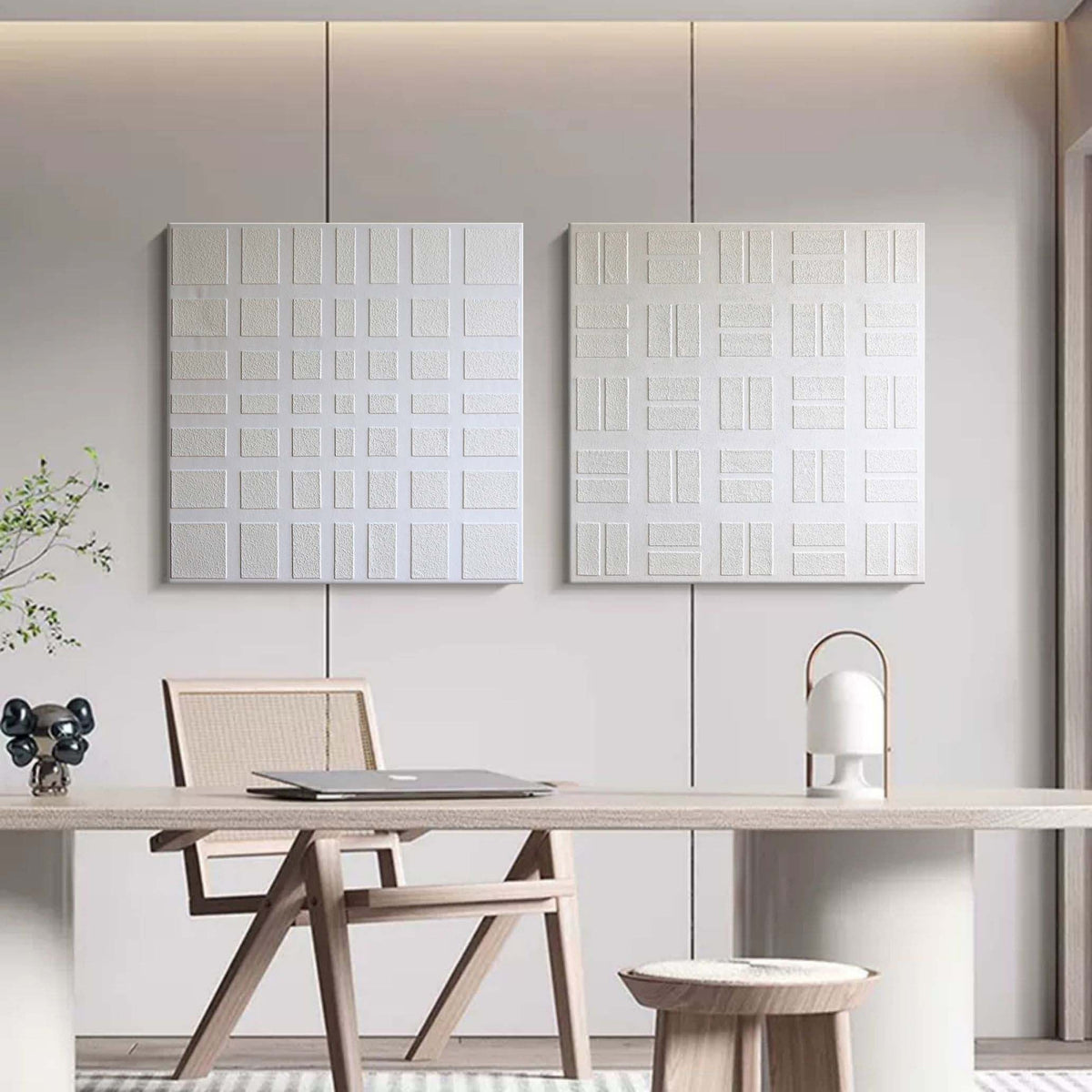 Wall Art Geometric Grid Symmetrical Panels Linen Canvas