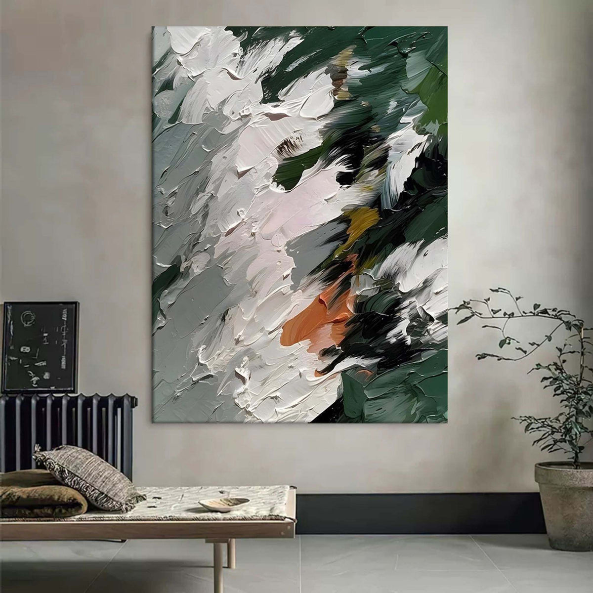 Colorful Dark Green Impasto Abstract Painting