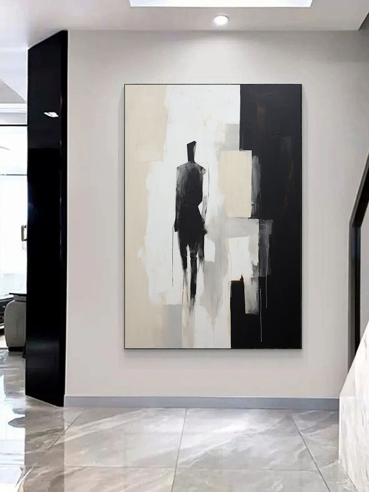 Minimalist Solitary Figure Oil Painting Black Beige Wall Art
