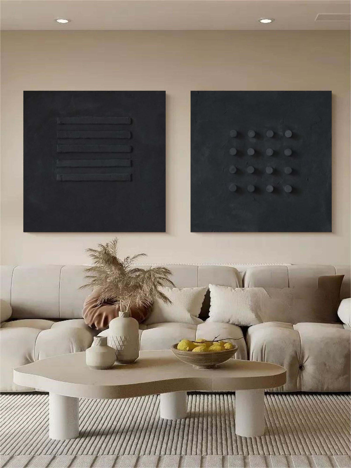 Minimalist Black Bas-Relief Diptych Painting Set Of 2