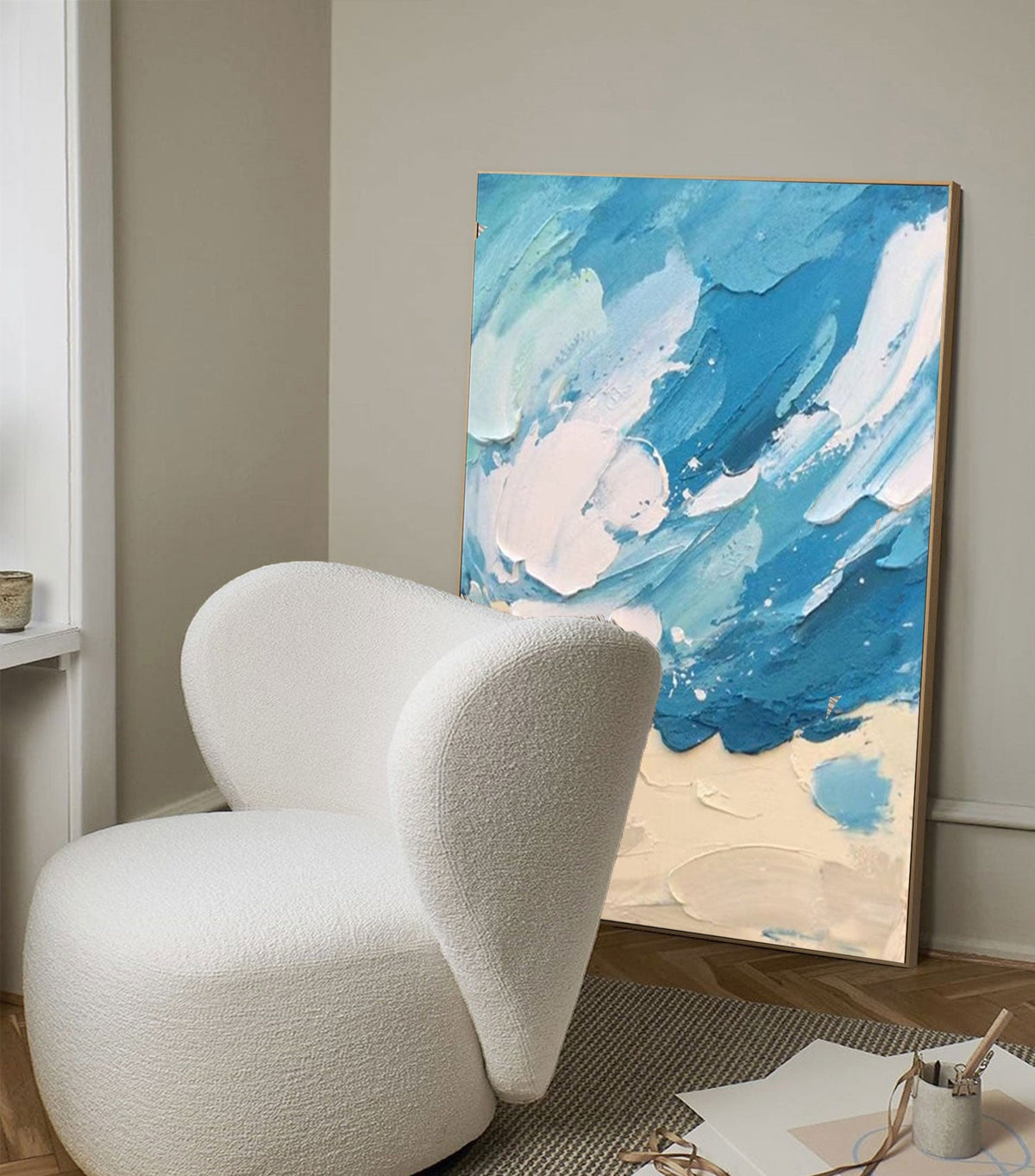 Textured Coastal Impasto Oil Painting Blue Wave Beach