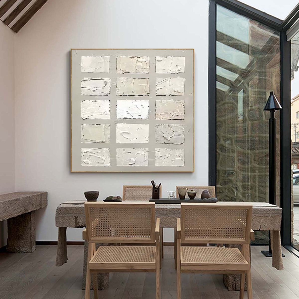 Wabi-Sabi Textured Neutral Tone Grid Oil Painting