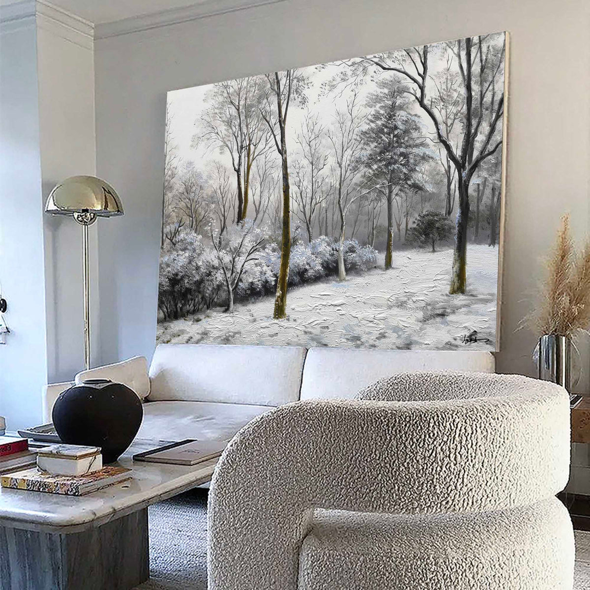 Wintry Snow‑Covered Forest Scene Muted‑Tone Peaceful Wall Art Piece