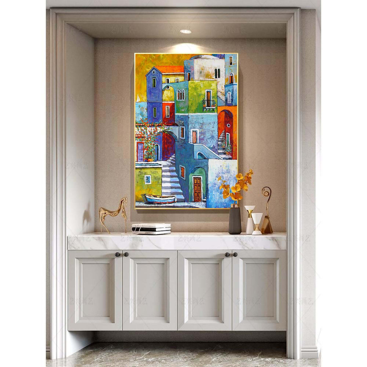 Colorful Mediterranean Coastal Town Oil Painting