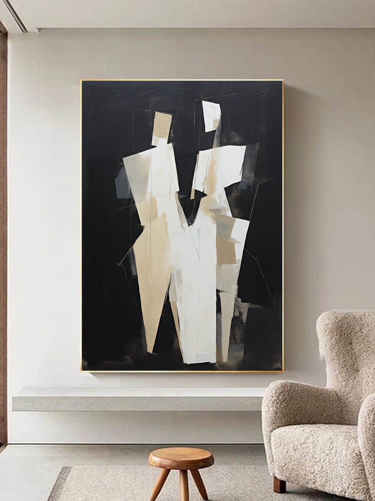 Cubist Style Couple Figure Oil Painting Black Beige