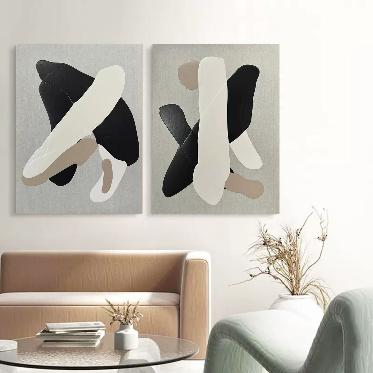 Abstract Neutral Organic Shape Diptych Wall Art