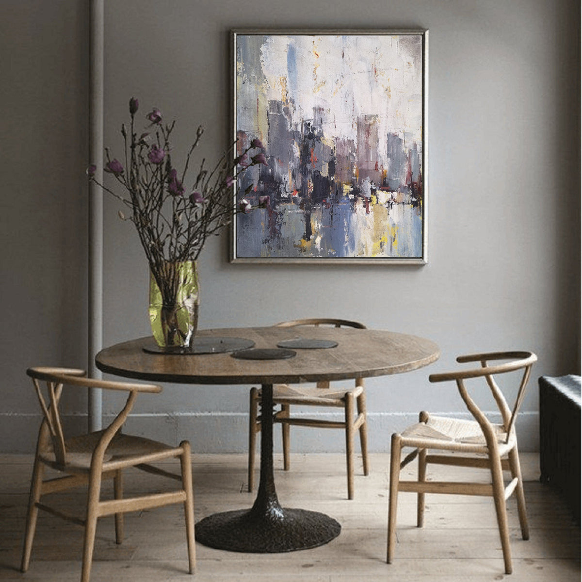Grey‑Purple Square Urban Cityscape Impasto Textured Artwork