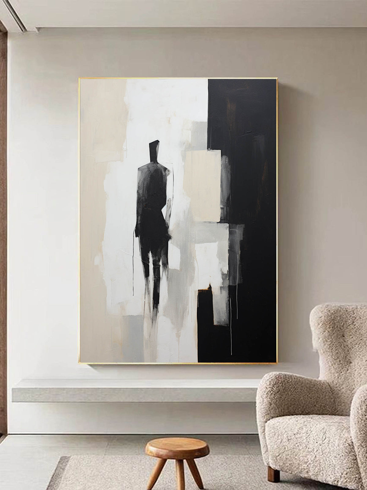 Minimalist Solitary Figure Oil Painting Black Beige Wall Art