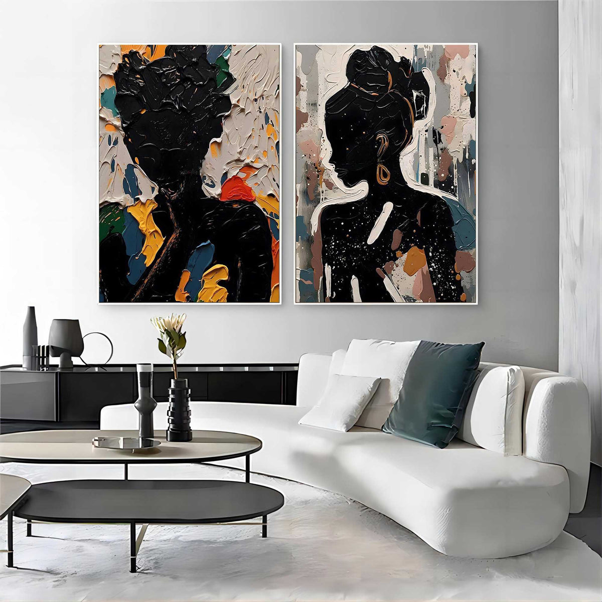 Black Silhouette Portrait Diptych Oil Painting