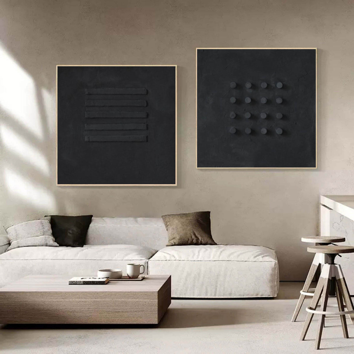 Minimalist Black Bas-Relief Diptych Painting Set Of 2