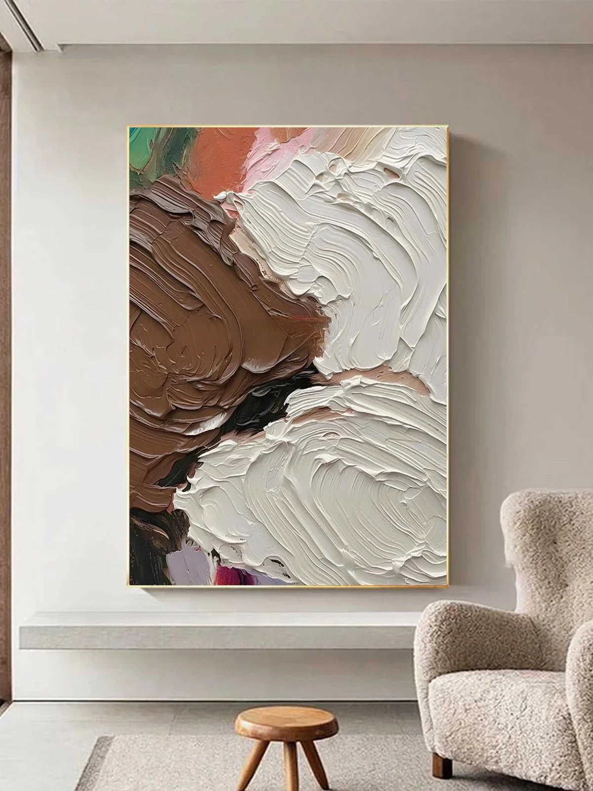 Brown White Wave Impasto Textured Abstract Oil Painting
