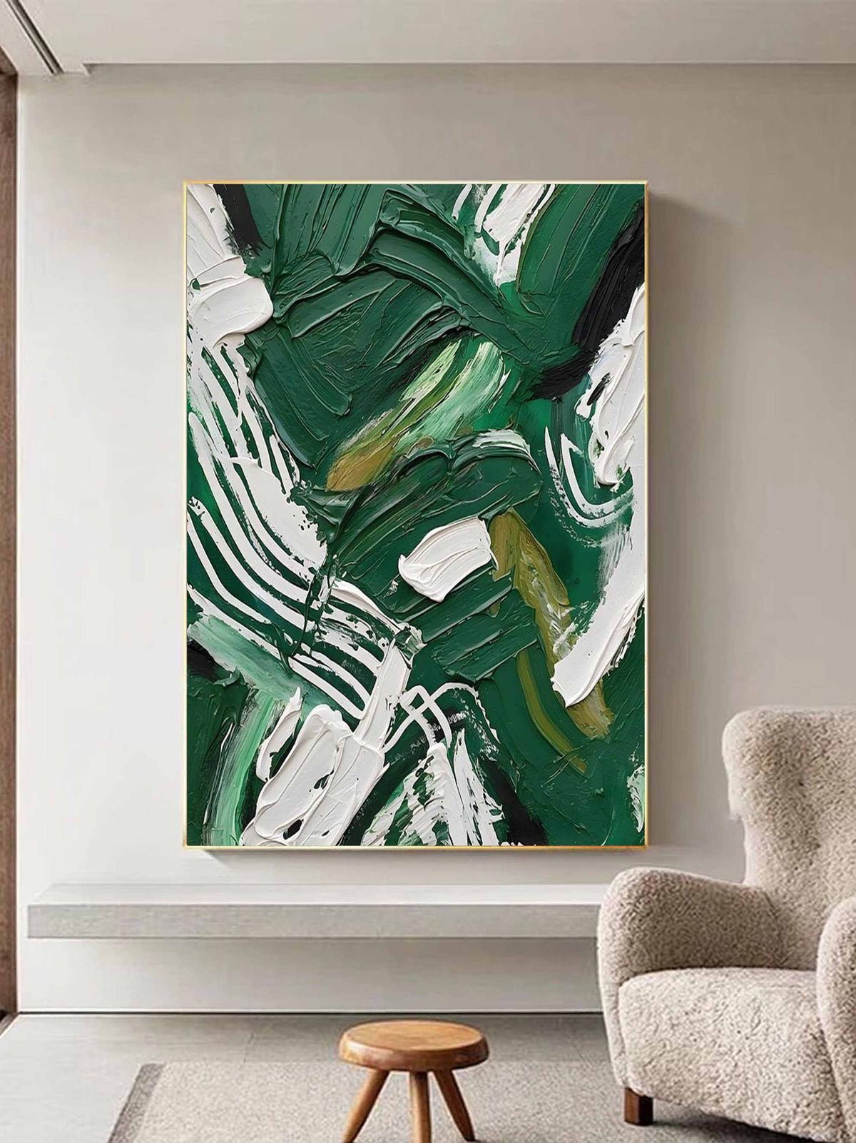 Colorful Dark Green And White Impasto Painting