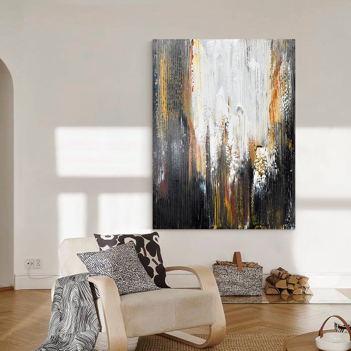 Large Contemporary Abstract Black Gold White Textured Vertical Oil Painting on Linen Canvas