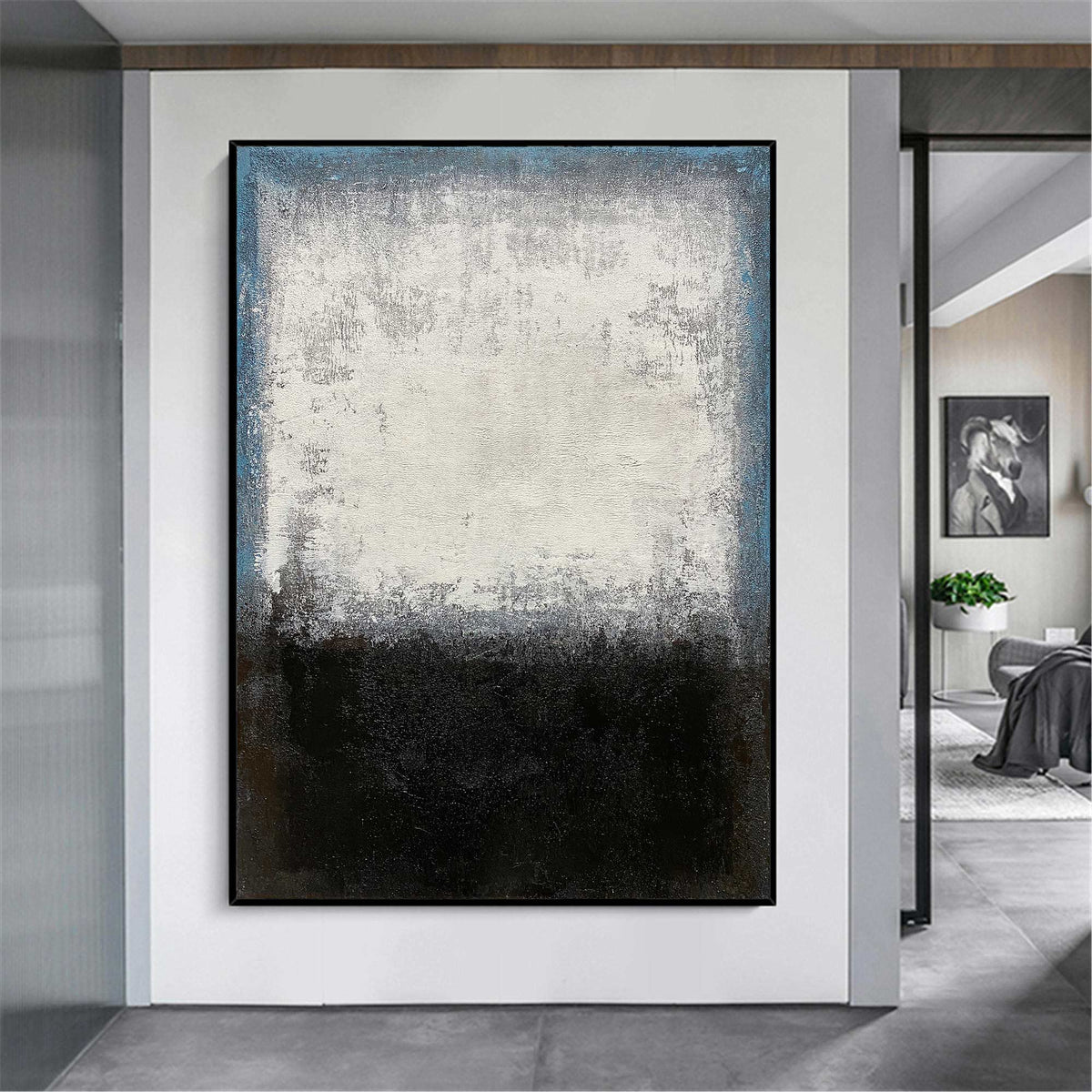 Minimalist Indigo Edge Abstract Oil Painting
