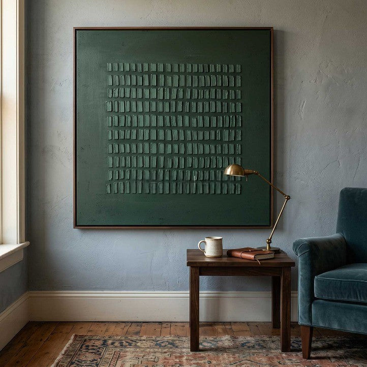 Wabi-Sabi Wall Art Dark Green Textured Grid Abstract Painting
