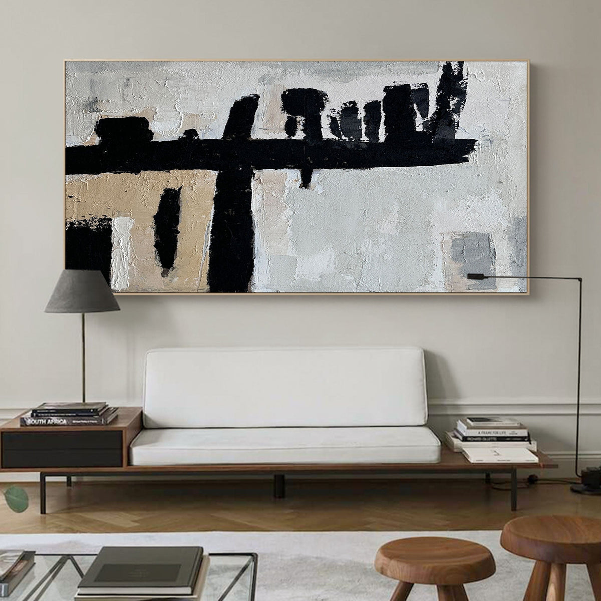 Black‑Beige Horizontal Bold‑Stroke Impasto‑Textured Artwork