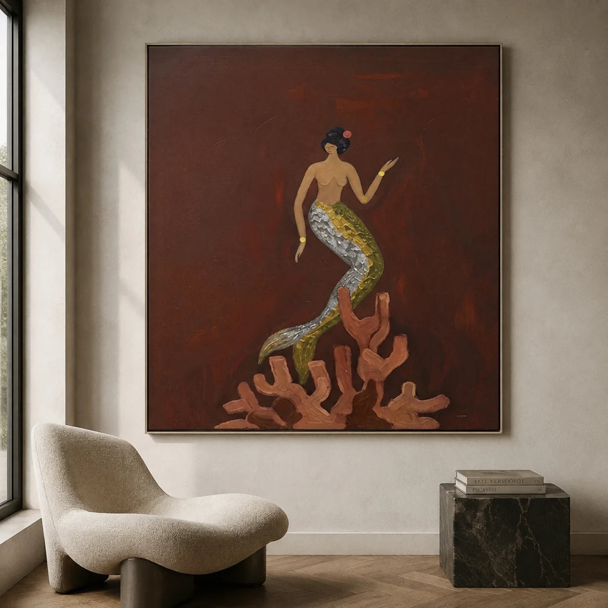 Mermaid Upon Coral Surreal Oil Painting
