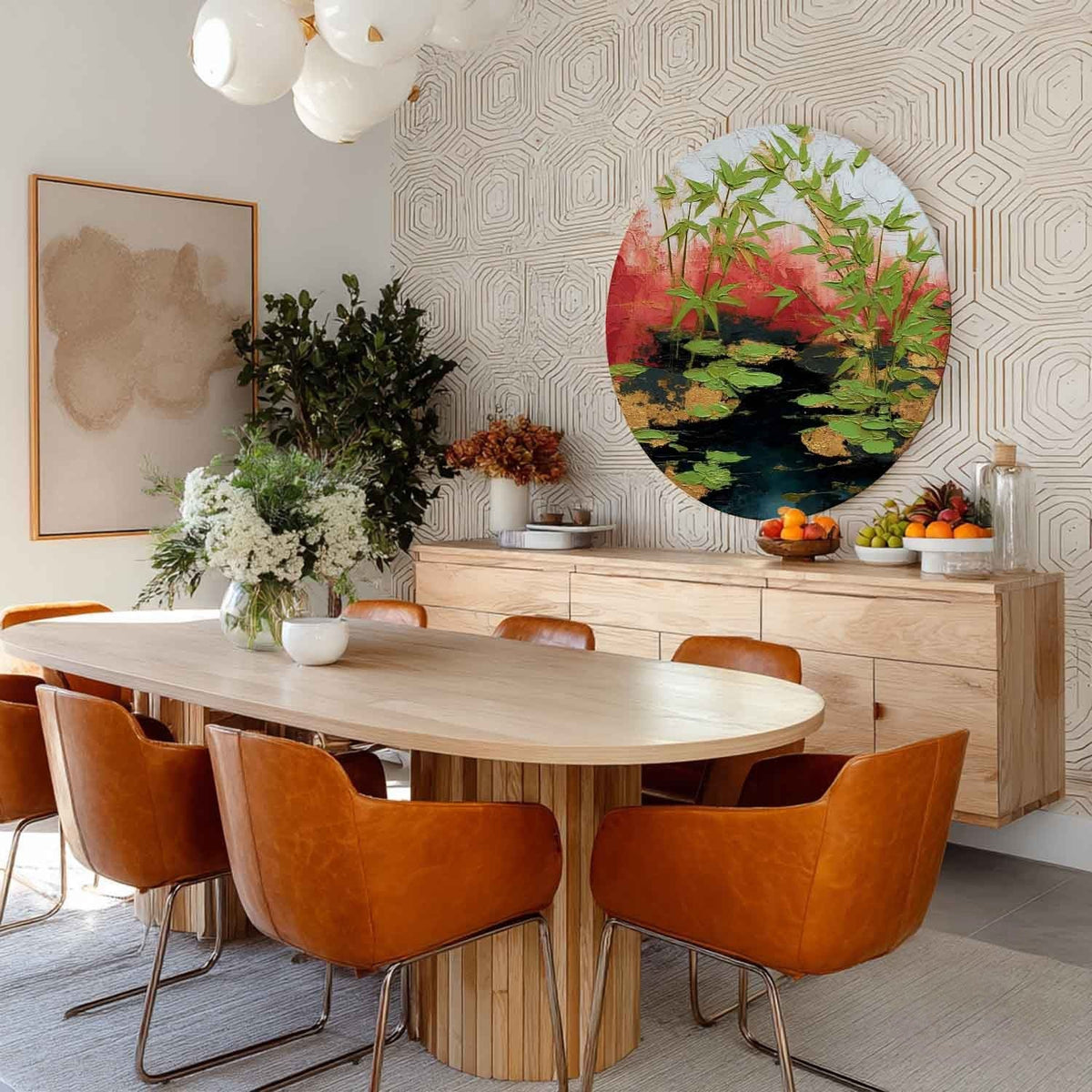 Wall Art Round Bamboo Lotus Leaf Red