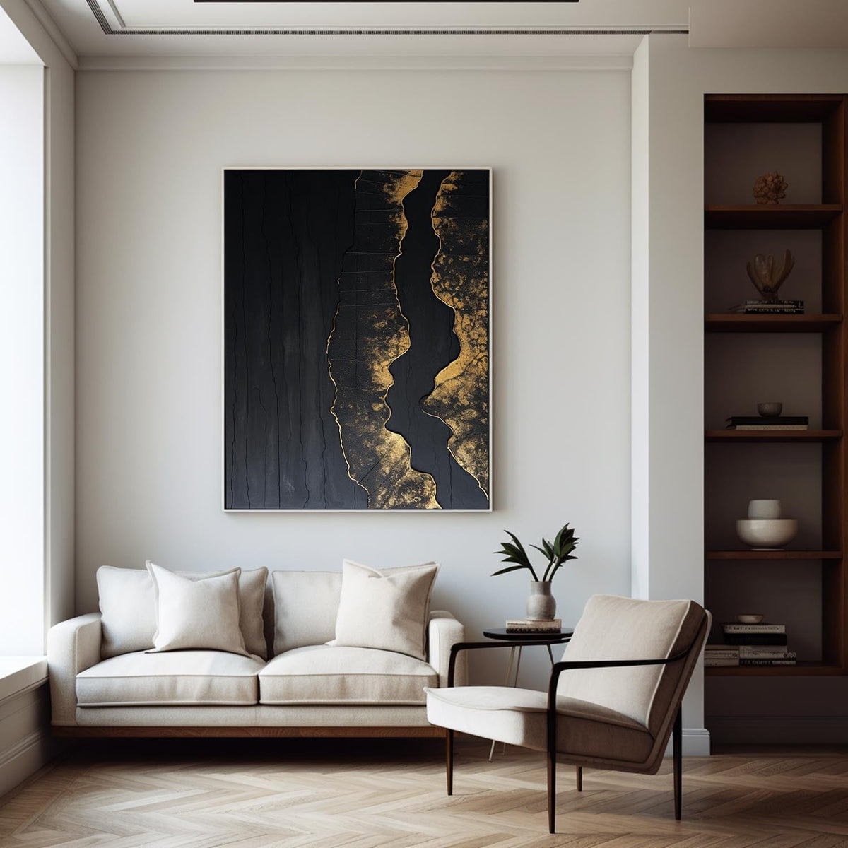 Elegant Black‑Gold Streak Abstract Metallic‑Foil Layered Impasto Textured Artwork