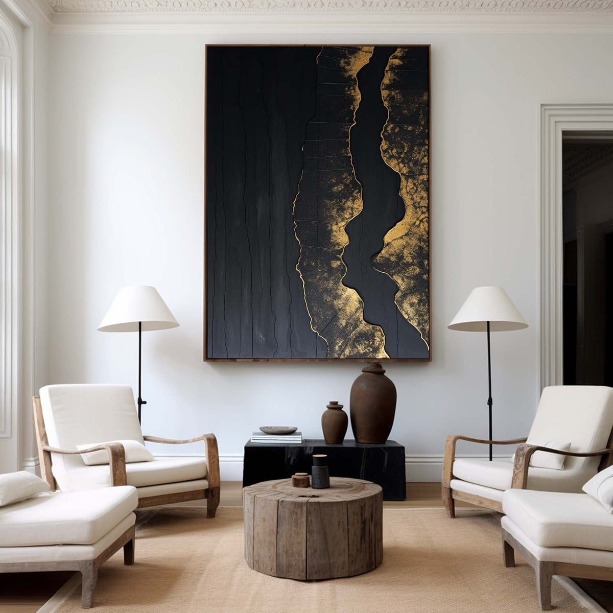 Elegant Black‑Gold Streak Abstract Metallic‑Foil Layered Impasto Textured Artwork