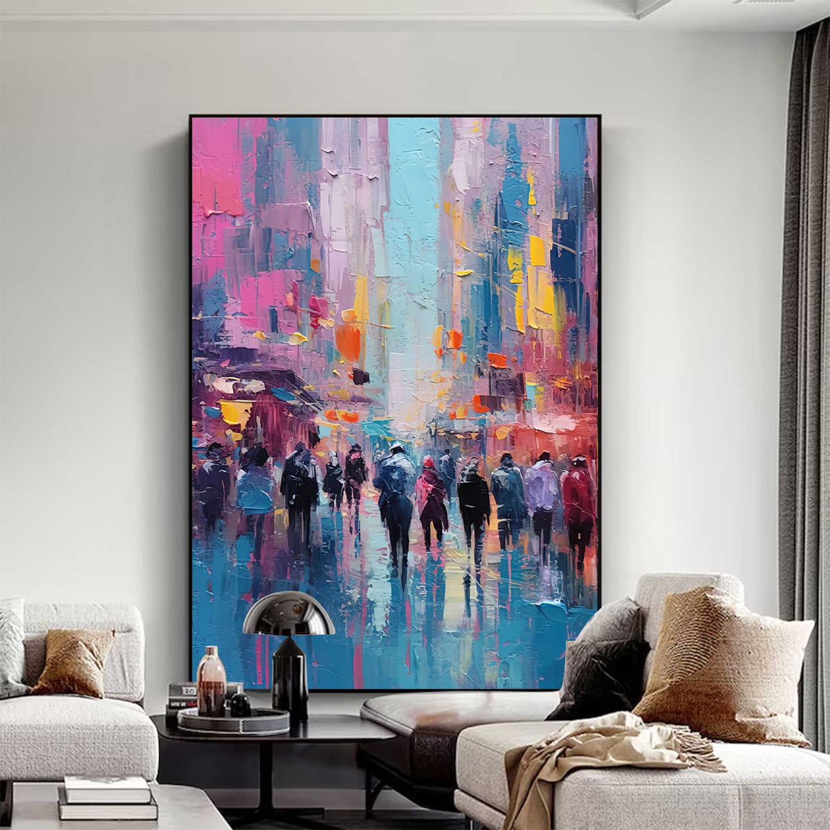 Impasto Rainy Cityscape Painting Vibrant Pink