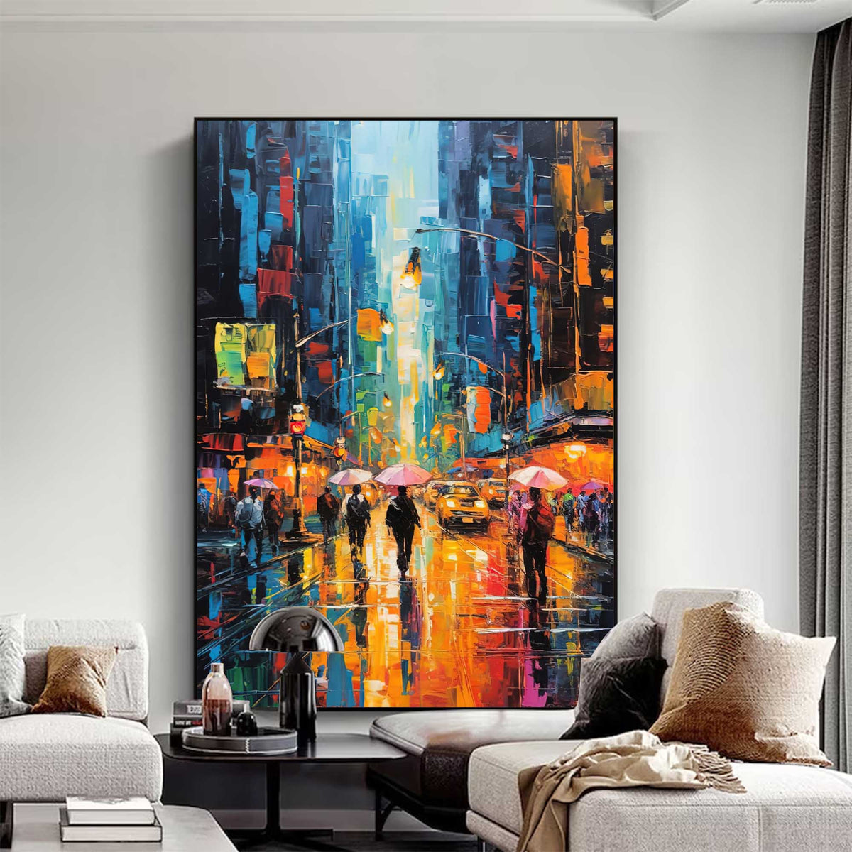 Impasto Cityscape Painting Vibrant Urban Rain
