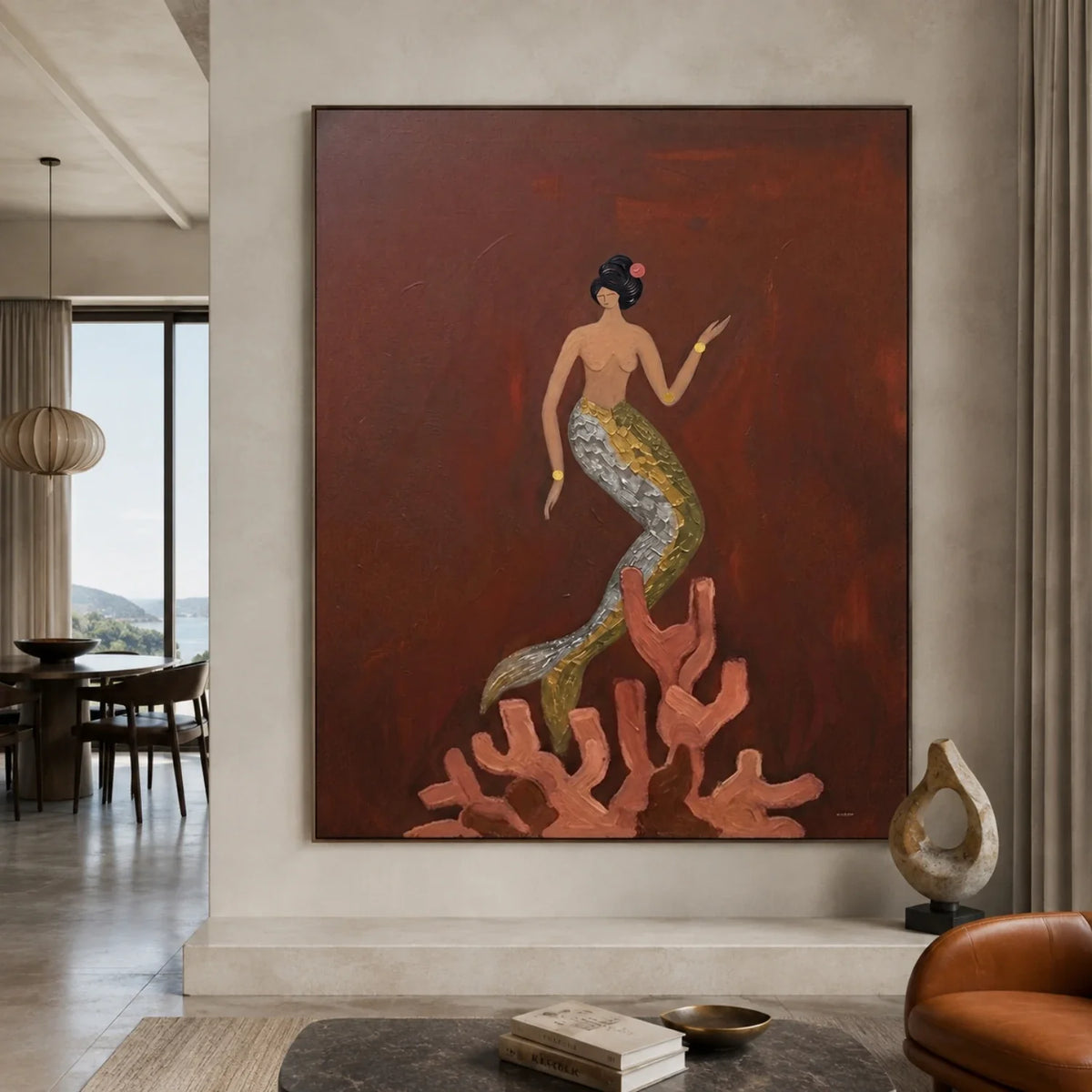 Mermaid Upon Coral Surreal Oil Painting