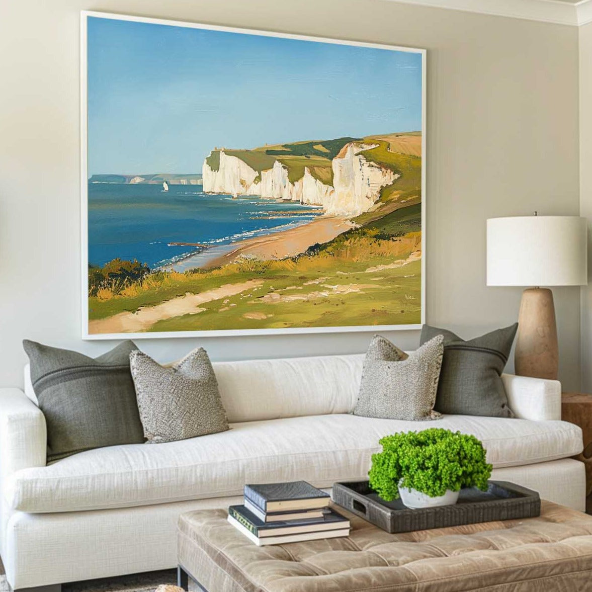 Seaside White Chalk Cliff Landscape Natural Scenery Brush‑Textured Artwork