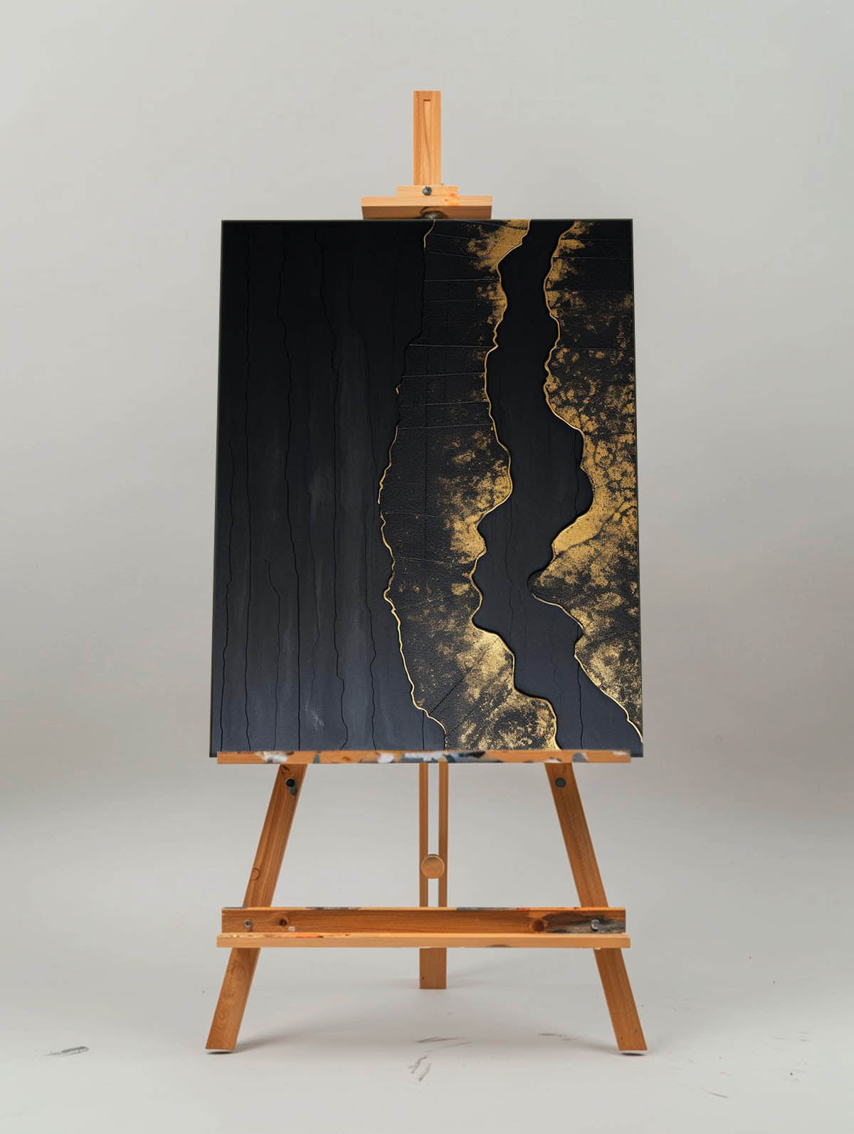 Elegant Black‑Gold Streak Abstract Metallic‑Foil Layered Impasto Textured Artwork