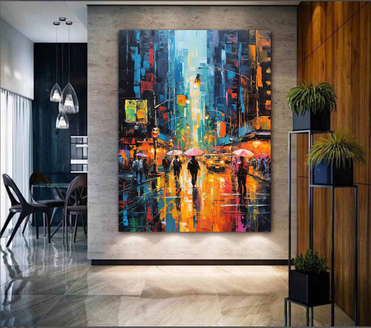 Impasto Cityscape Painting Vibrant Urban Rain