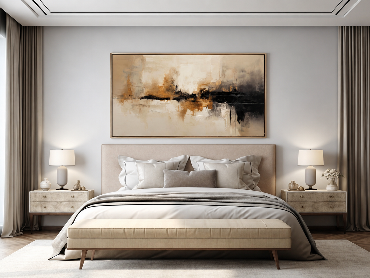 Beige‑Black‑Gold Horizontal Abstract Blended Brush‑Stroke Textured Artwork
