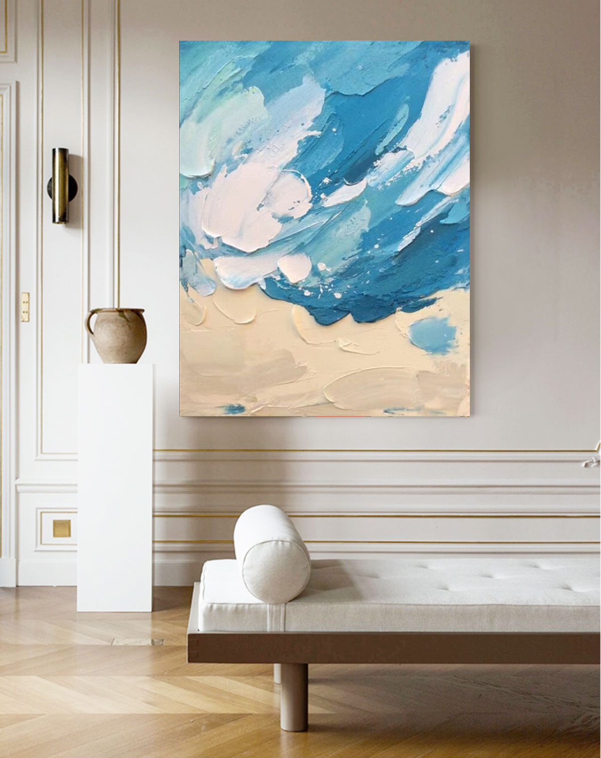 Textured Coastal Impasto Oil Painting Blue Wave Beach
