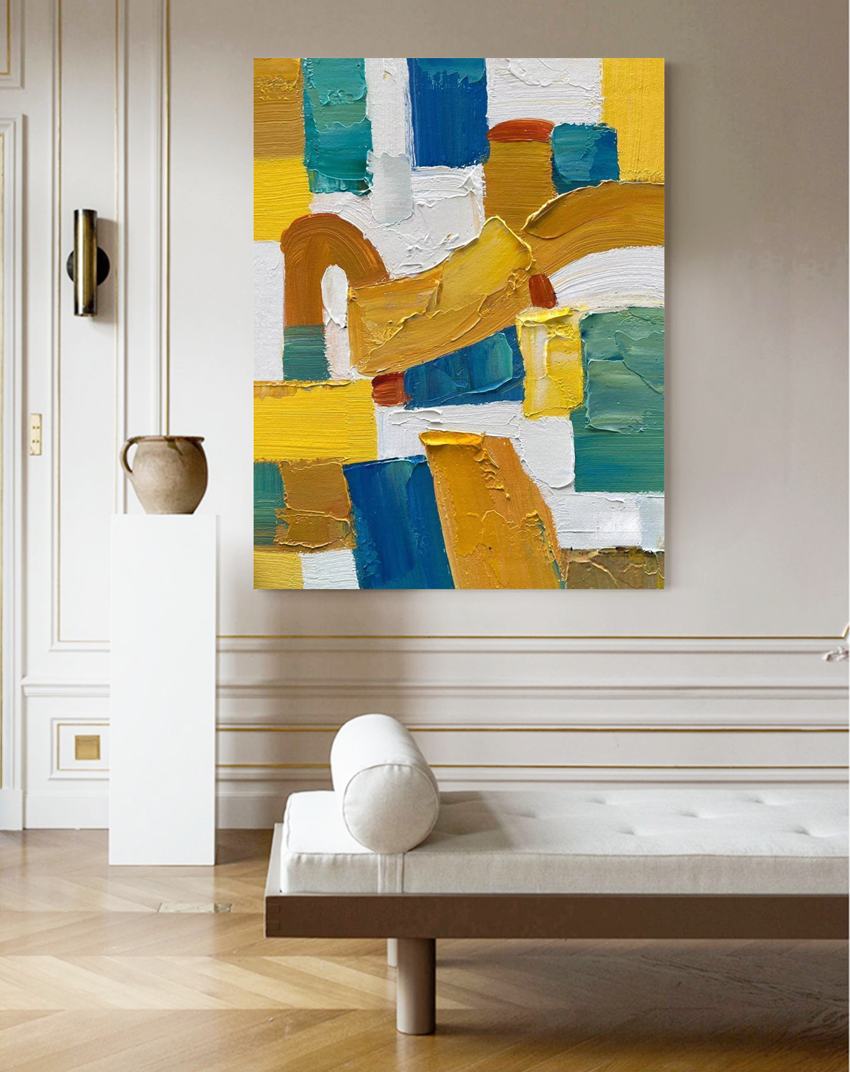 Bold Color Block Impasto Oil Painting Blue Yellow