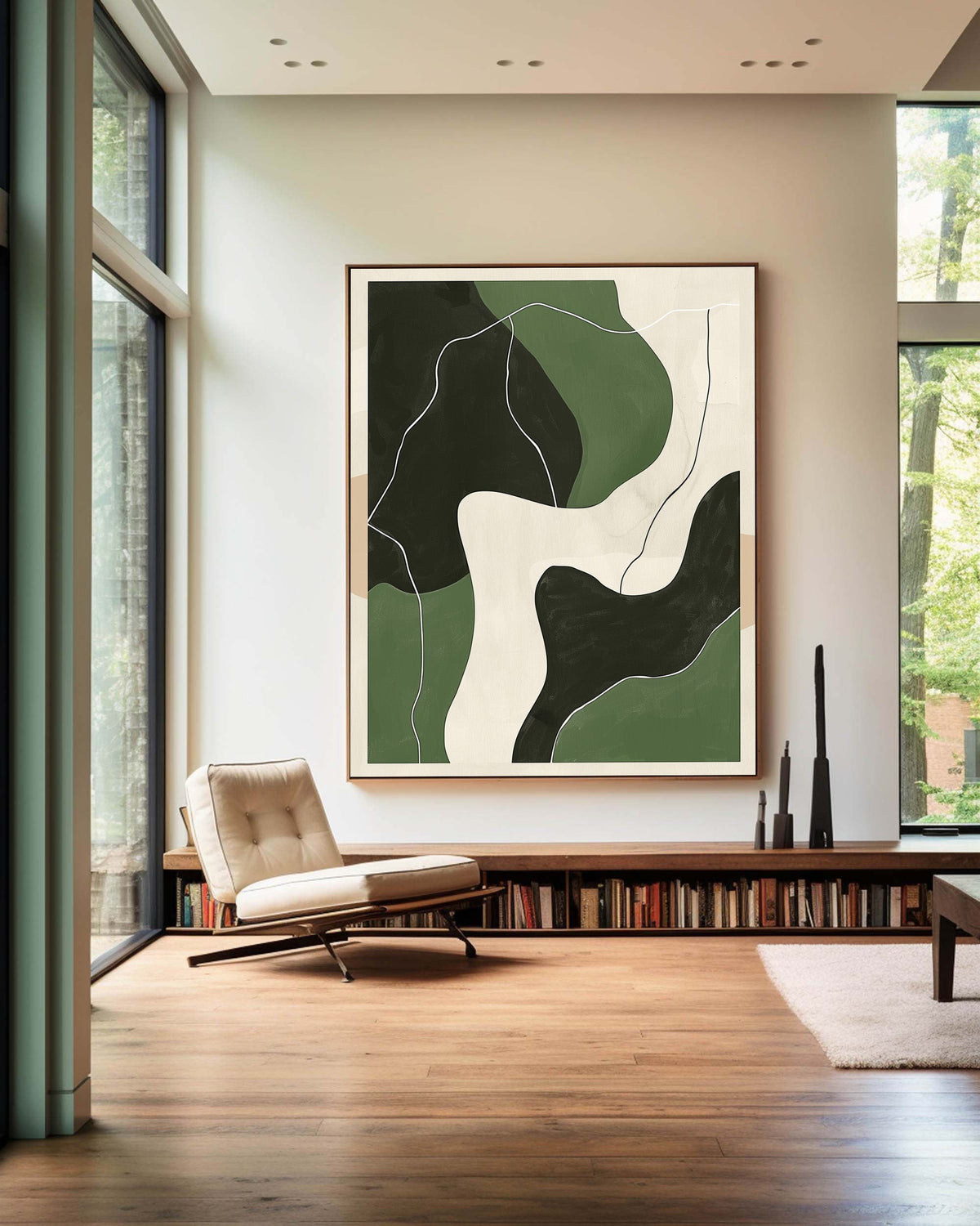 Green‑Beige‑Black Curved Contour Abstract Layered Impasto Textured Artwork
