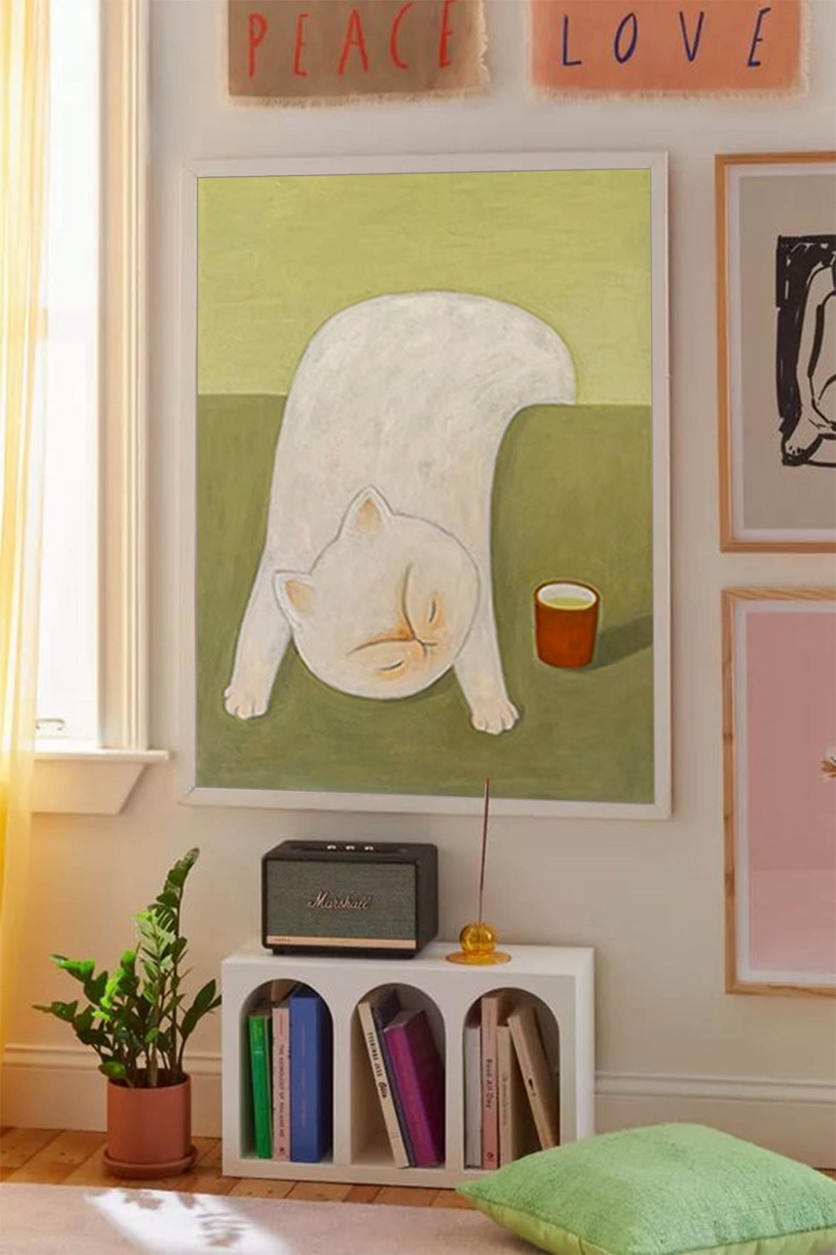 Whimsical Stretching White Cat Cozy Wall Art