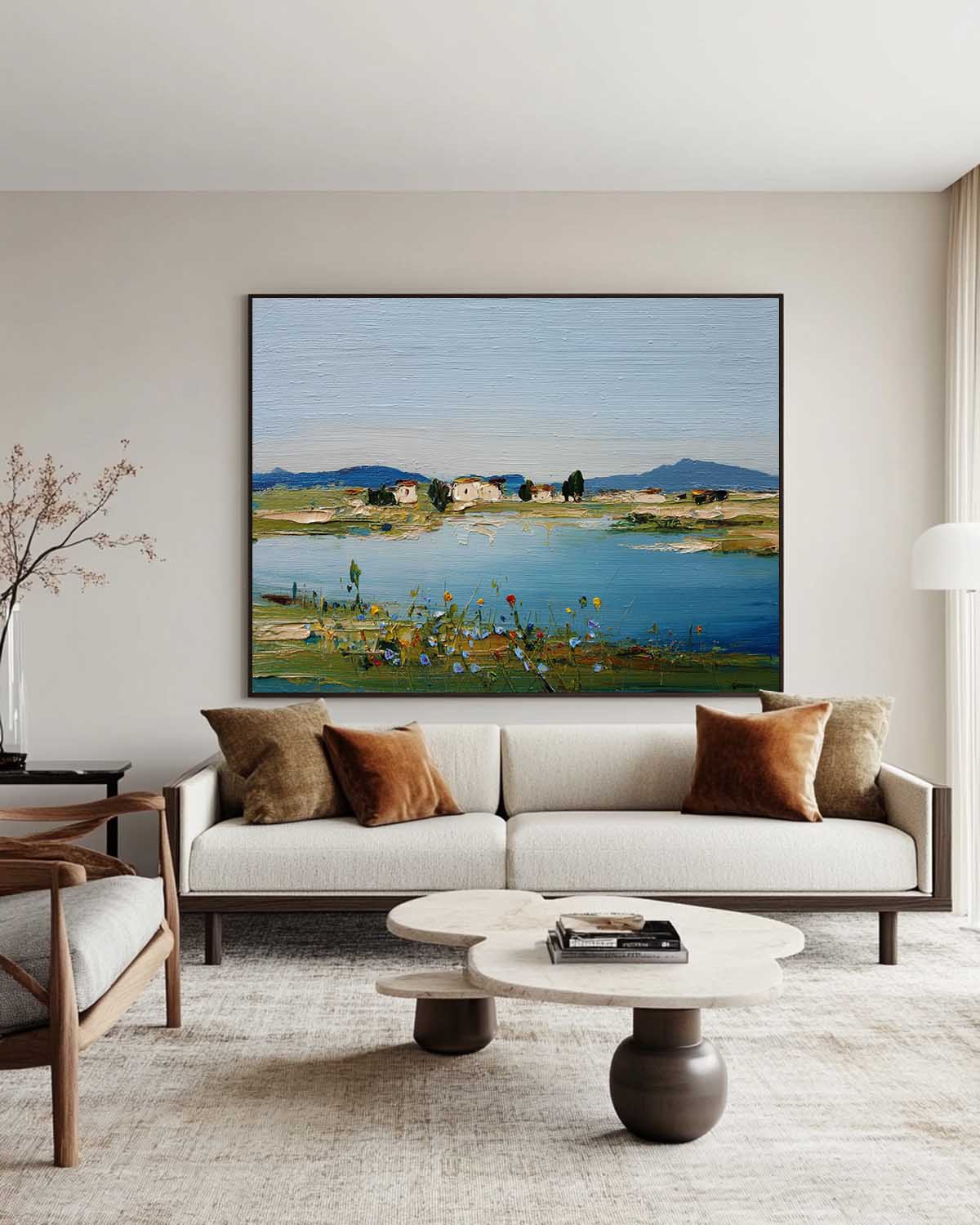 Mediterranean Lakeside Village Oil Paintin