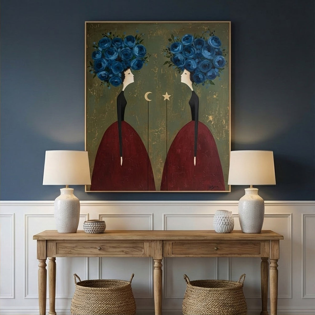 Celestial Bloom Sisters Surreal Oil Painting
