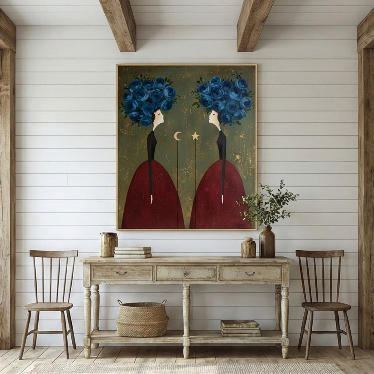 Celestial Bloom Sisters Surreal Oil Painting