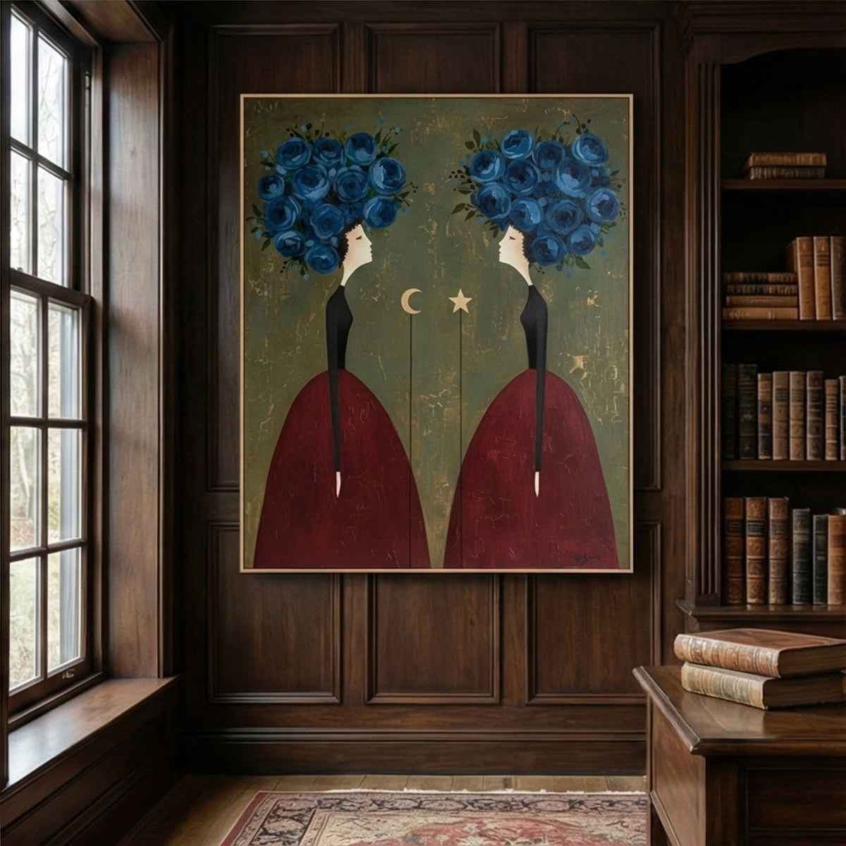 Celestial Bloom Sisters Surreal Oil Painting