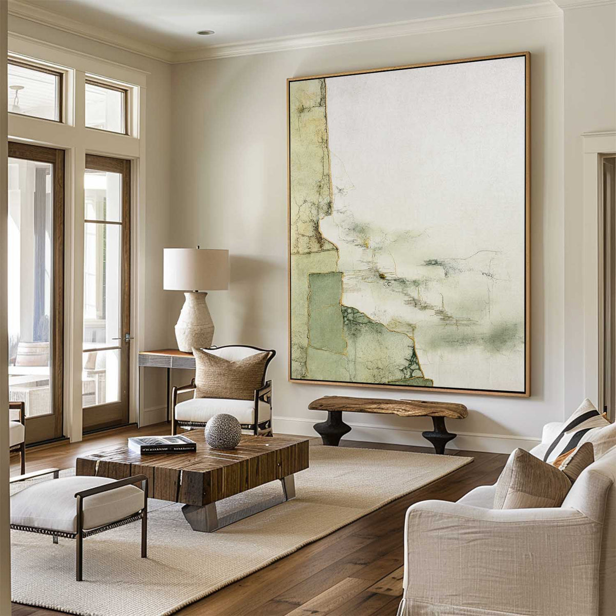 Minimalist Sage Green Abstract Art Gold Accents