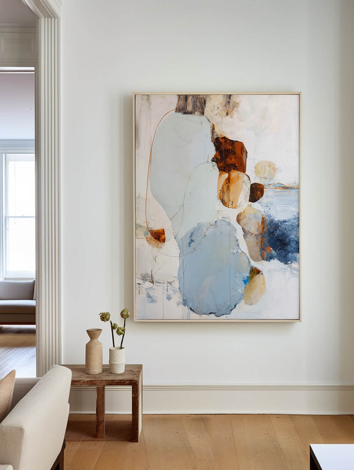Sky‑Blue‑Terracotta‑Beige Vertical Geometric Abstract Textured Artwork