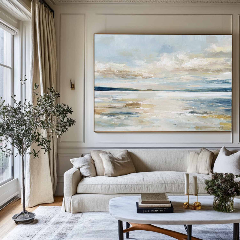 Tranquil Coastal Seascape Oil Painting Soft Blue