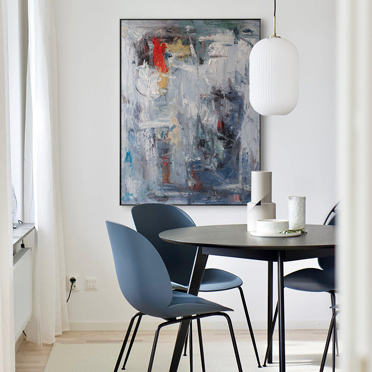 Grey‑Blue Vertical Red‑Accent Expressive Impasto Textured Artwork