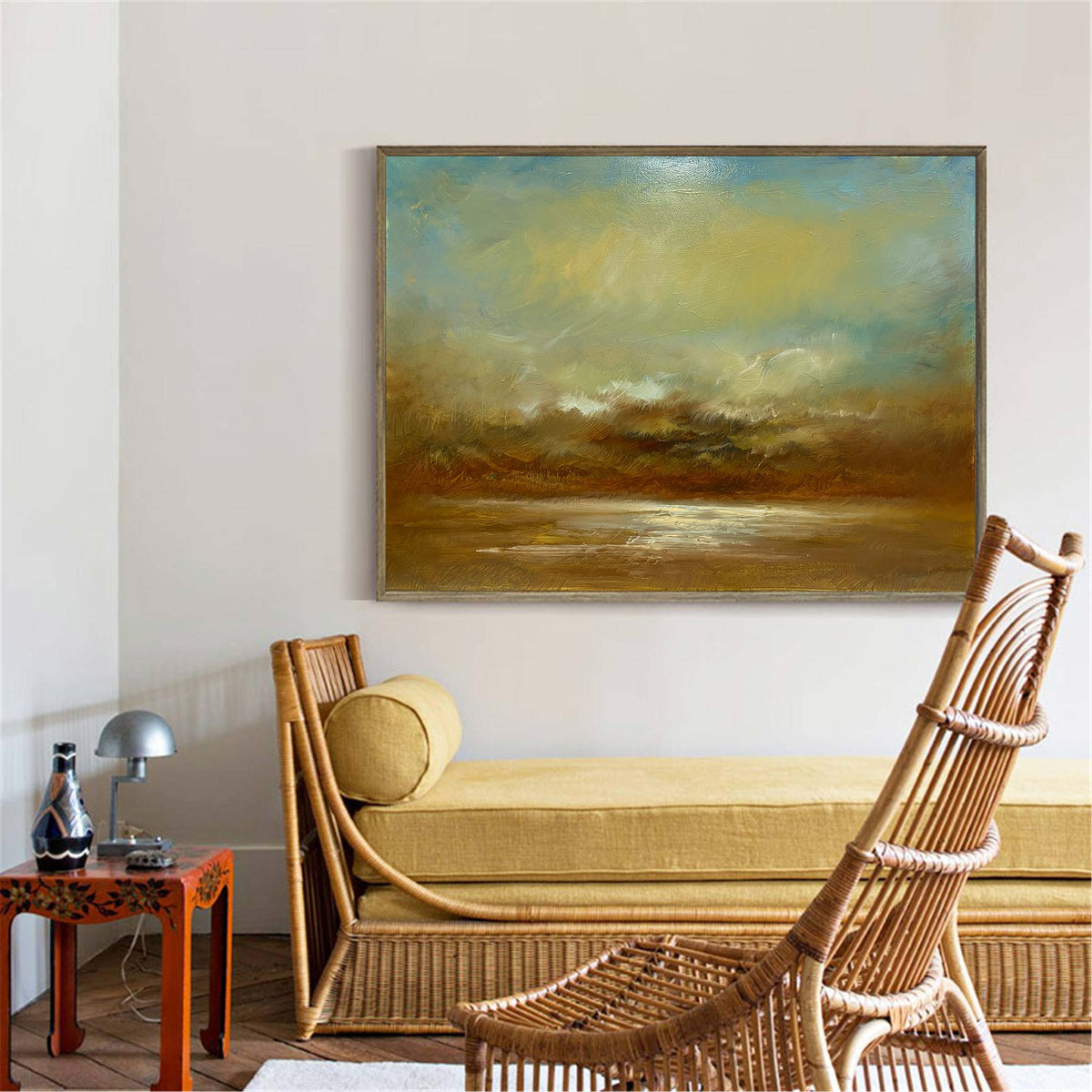 Abstract Teal Gold Coastal Sunset Landscape Oil Acrylic Linen Canvas Painting