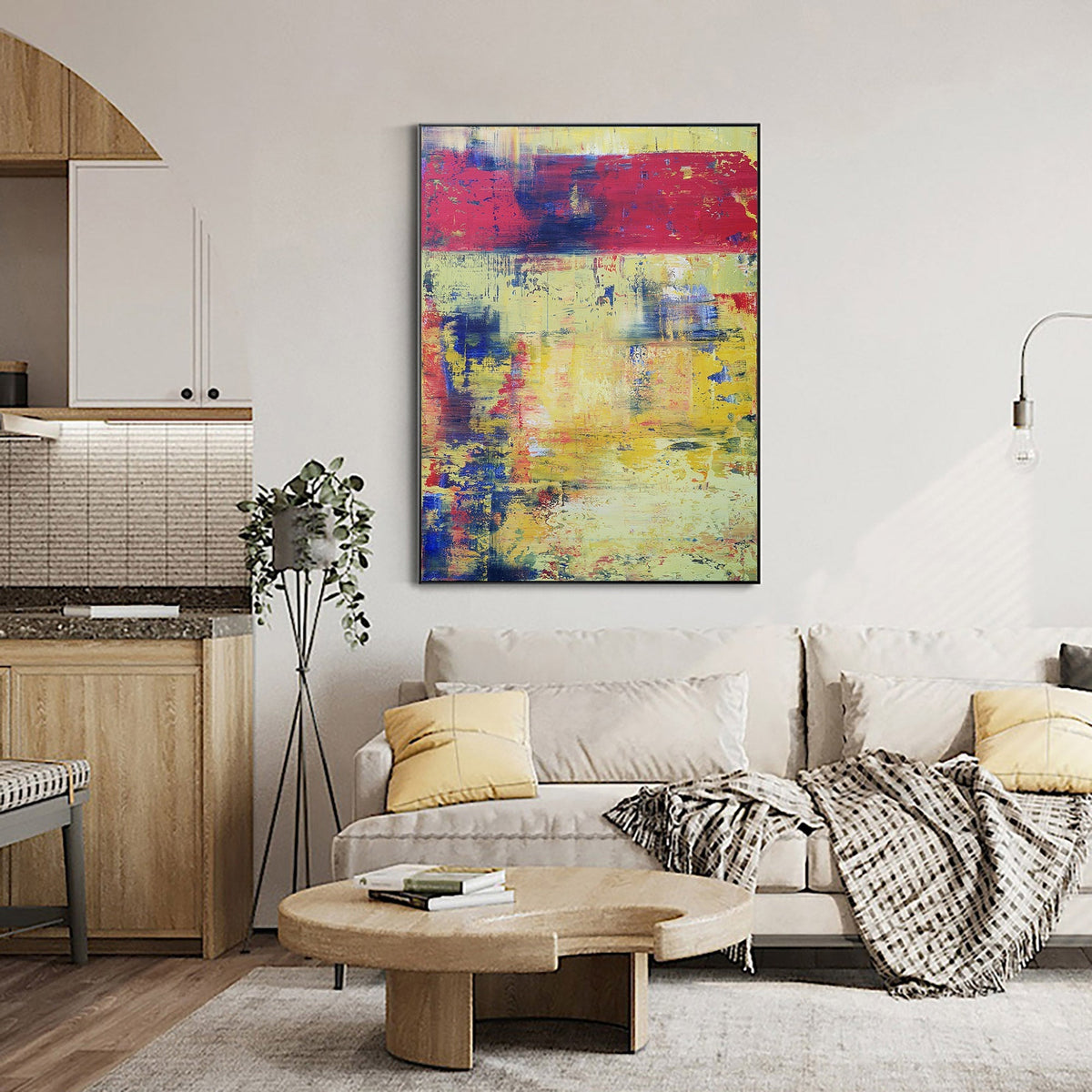 Red‑Yellow‑Blue Vertical Abstract Vibrant Layered Impasto‑Textured Artwork