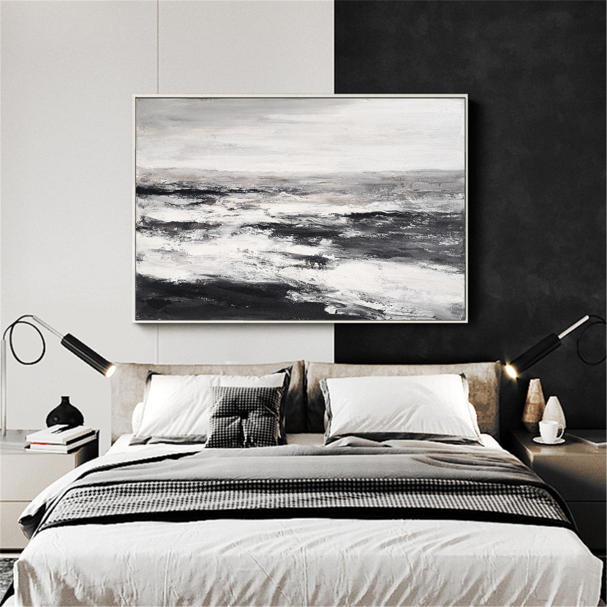 Monochrome Ocean Abstract Thick Impasto Wave Textured Artwork