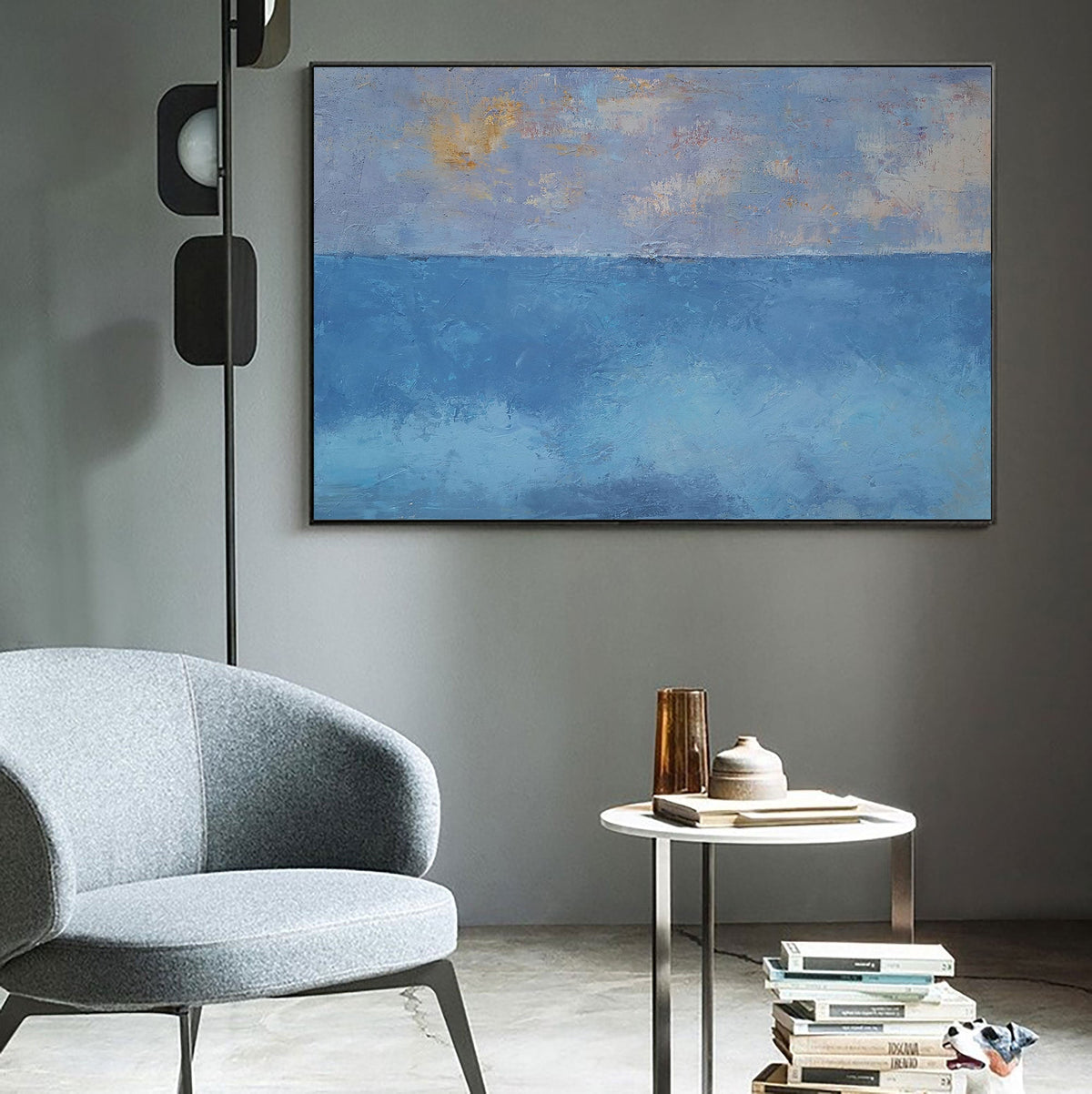 Blue‑Gold Sky‑Ocean Seascape Abstract Thick Tactile‑Texture Artwork