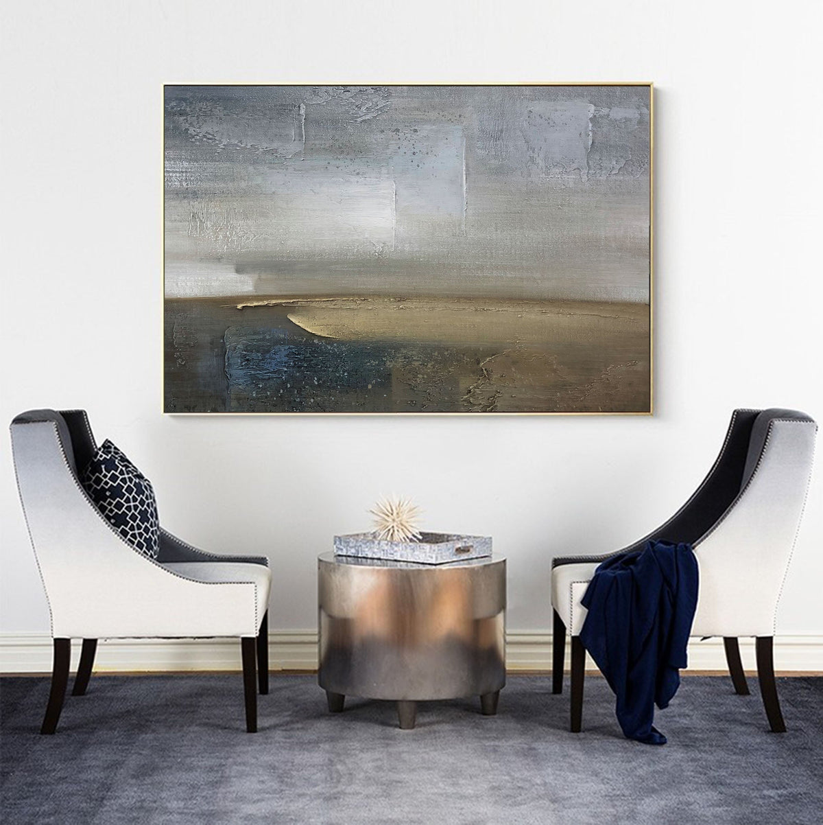 Blue‑Olive Horizontal Abstract‑Coastal Heavy‑Textured Artwork