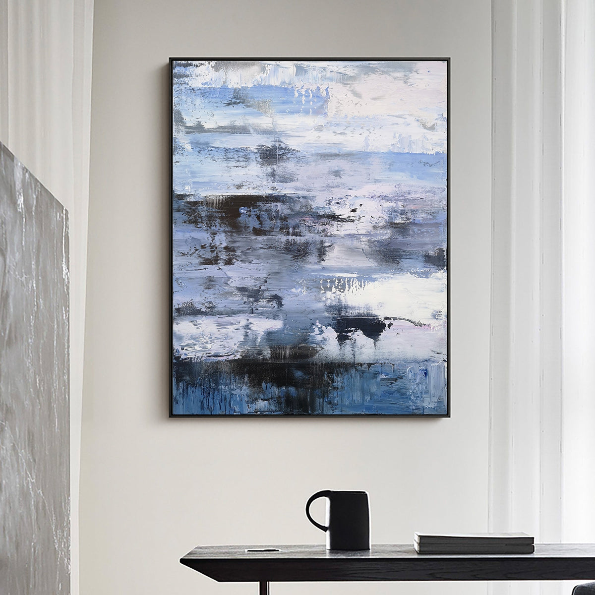 Blue‑Purple‑White Vertical Seascape Blended Impasto‑Textured Artwork