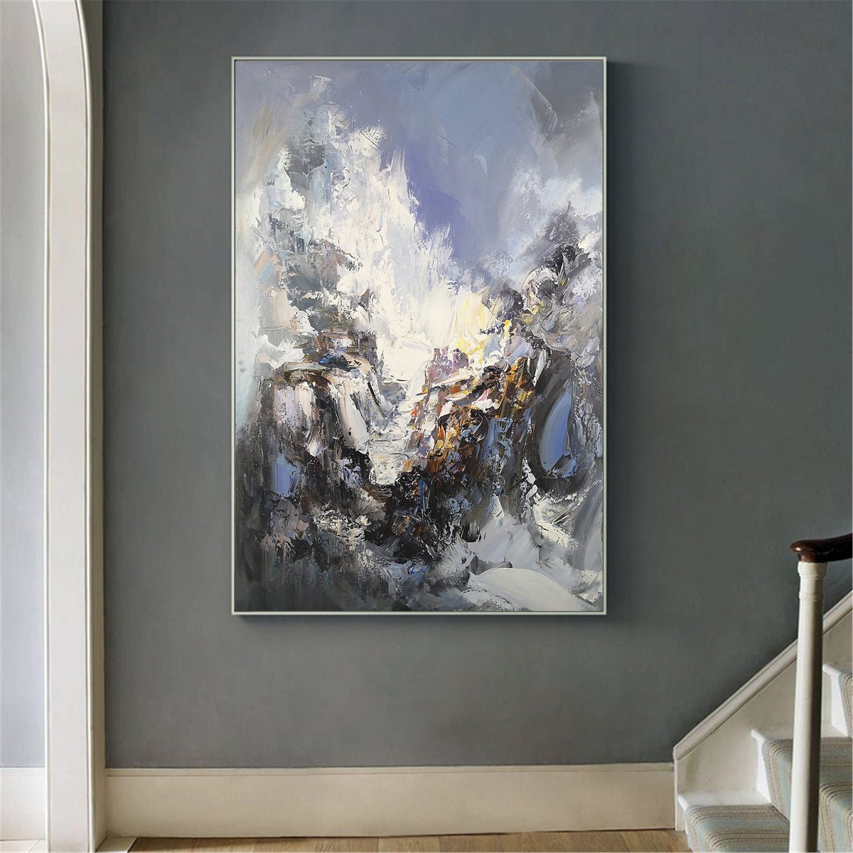 Blue‑White‑Gold Mountain‑Landscape Abstract Heavy Impasto‑Texture Artwork